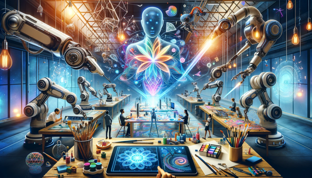 Die 7 besten KI-Tools zum Entwerfen, Basteln und Verbessern der Kreativität 1 DALL·E 2024 01 12 17.05.34 Illustrate the concept of creative AI tools enhancing design and craft. The image shows a futuristic and imaginative workspace with a diverse range of
